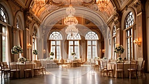A large ballroom with chandeliers and tables, perfect for hosting grand events and functions, A grand ballroom with golden