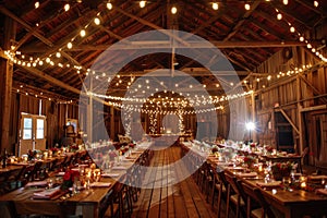 A large barn transformed into a wedding reception venue with tables, chairs, and string lights hanging from the ceiling, A rustic