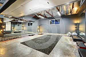 Large basement gym room with mirror