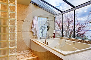 Large bath tub with window wall with water view.