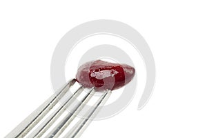 A large bean of red beans is strung on a fork