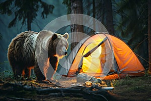 Large bear approaches food carelessly left outside tent photo