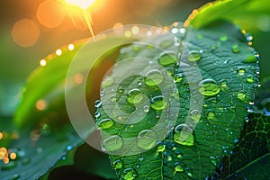 Large beautiful drops of transparent rain water on a green leaf macro