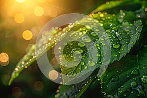 Large beautiful drops of transparent rain water on a green leaf macro.