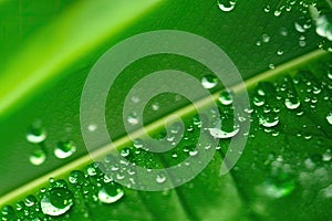 Large beautiful drops of transparent rain water on a green leaf macro. Droplets of water, generative ai