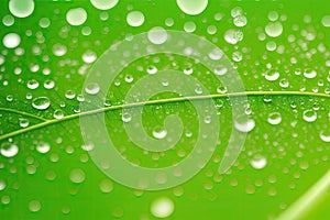 Large beautiful drops of transparent rain water on a green leaf macro. Droplets of water, generative ai