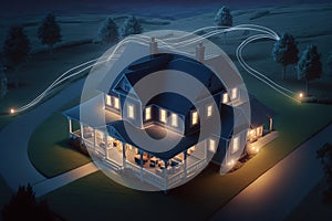 large beautiful homes and farms, brilliantly bright fiber optic cable networking along the ground connecting house to house, rural