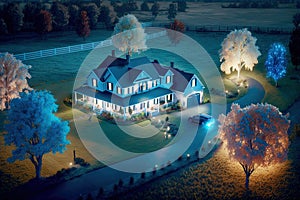 large beautiful homes and farms, brilliantly bright fiber optic cable networking along the ground connecting house to house, rural