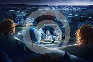 large beautiful homes and farms, brilliantly bright fiber optic cable networking along the ground connecting house to house, rural