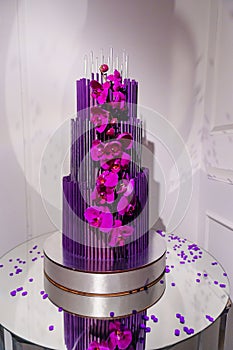 Large and beautiful purple three-tiered cake with flowers.