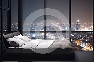 Large bed in living room with night city view in window. Generative AI