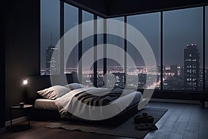 Large bed in living room with night city view in window. Generative AI