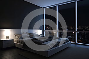 Large bed in living room with night city view in window. Generative AI