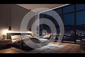 Large bed in living room with night city view in window. Generative AI