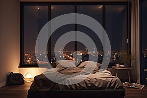 Large bed in living room with night city view in window. Generative AI