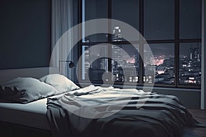 Large bed in living room with night city view in window. Generative AI