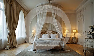 A large bed with a white canopy is the centerpiece of a bedroom.