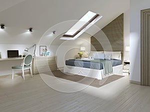 Large bedroom on the attic floor in a modern style.