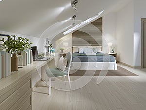 Large bedroom on the attic floor in a modern style.