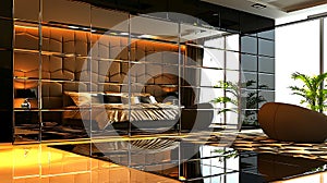 A large bedroom with a black and white striped rug, a bed with a white comforter