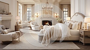 A large bedroom with a fireplace and a bed, AI