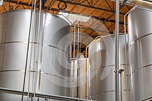 Large Beer Brewery Fermentation Tanks in Warehouse