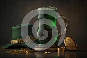 Large beer mug with green ale and leprechaun hat. St.Patrick 's Day. Photorealistic illustration generated by AI