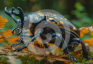 Large beetle sits on green moss in the forest