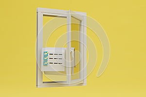 a large bill to pay for heating. an open window and a sheet with an account on a yellow background. 3D render