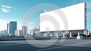 A large billboard on a highway with city skyline in the background, AI