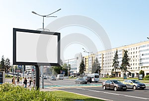 Large billboard mockup along city highway. Brand, product, service, business ad in high traffic area. Hoarding