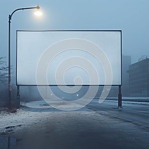 A large billboard under a light on a cold street