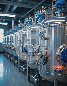 Large bio-reactors in a modern fermentation lab, showcasing advanced technology