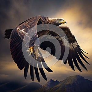 Large bird of prey, the eagle, soars through the sky. Generative AI