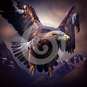 Large bird of prey, the eagle, soars through the sky. Generative AI