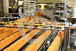 Large biscuit factory. A line of biscuits in a large factory. Packing crackers on the machine. Innovative production.