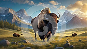 A large Bison standing in a meadow.