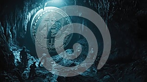 A large bitcoin coin in a dark cave with miners, symbolizing cryptocurrency mining