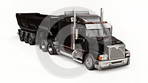 Large black American truck with a trailer type dump truck for transporting bulk cargo on a white background. 3d