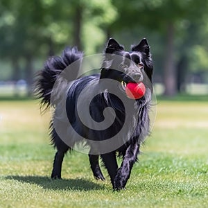 A large black dog is playing with a ball outside.