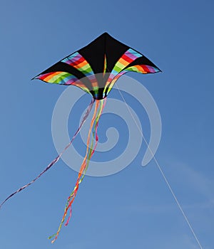 Black kite with multicolored rainbow stripes flies high in the blue sky tied to a string photo