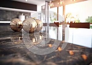 Large black marble table in modern luxury kitchen blured background.Macro.AI Generative