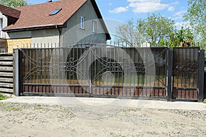 Large black metal gate and door with a wrought iron pattern