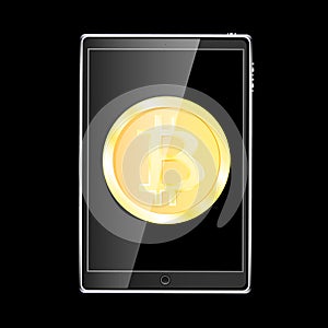 A large black realistic mobile smart touch-sensitive slim tablet computer with a gold coin bitcoin, a crypto-currency on the displ