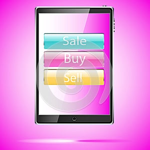 Large black realistic mobile smart touch-sensitive slim tablet computer with shadow with glass buttons sale, buy, sell on display