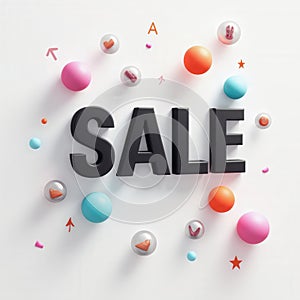 A large black sign declaring a sale is surrounded by vibrant balls and playful icons on a clean background, creating an photo