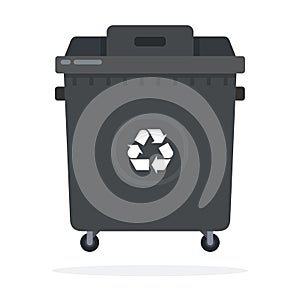 Large black trash can on wheels flat isolated