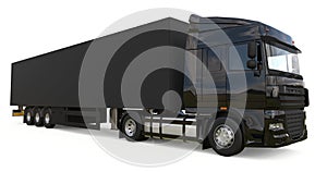 Large black truck with a semitrailer. Template for placing graphics. 3d rendering.