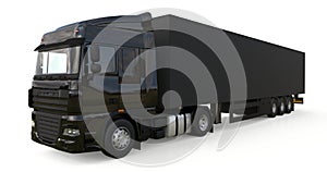 Large black truck with a semitrailer. Template for placing graphics. 3d rendering.