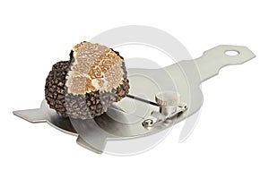 Large black truffle on a slicer